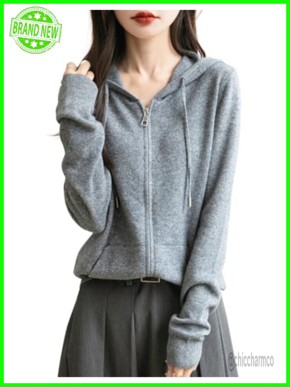 100% Merino Wool Zip Up Hoodie Cardigan Long Sleeve Knit Sweatshirt with Pocket